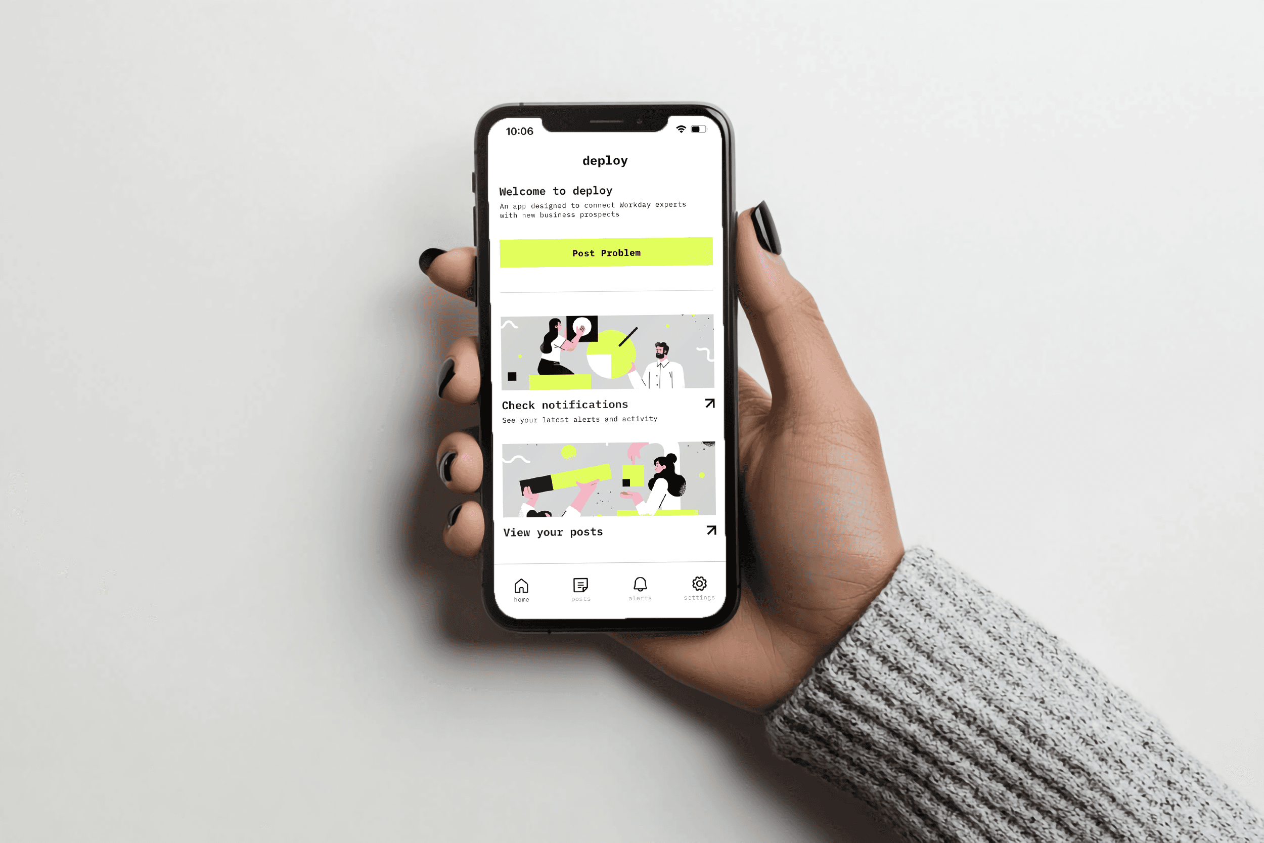 Woman using iphone with Deploy app on it