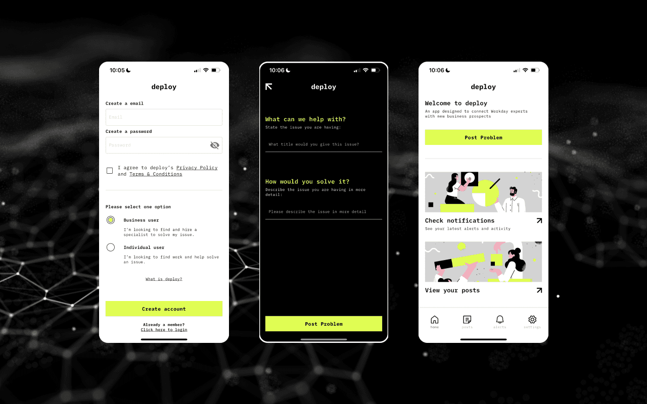 Deploy app screens on dark background
