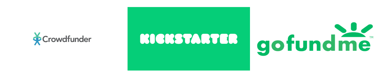Crowdfunder, Kickstarter and Gofundme logos