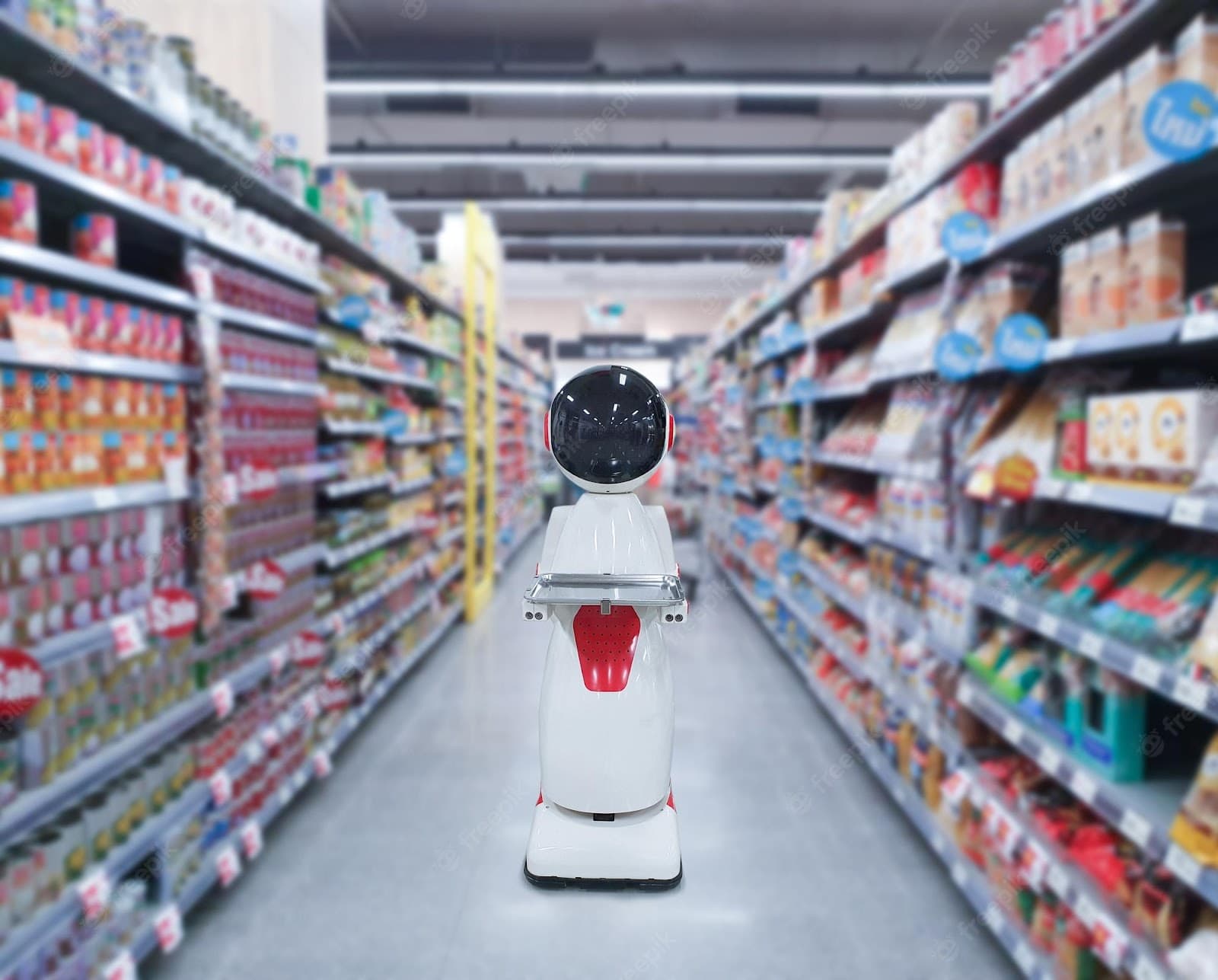 Robot ina. supermarket aisle