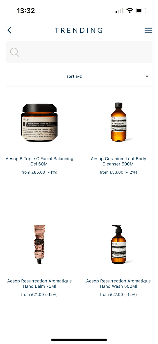 SKIN app product selection