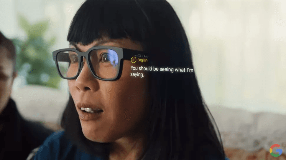 A Woman wearing smart glasses with text to the side